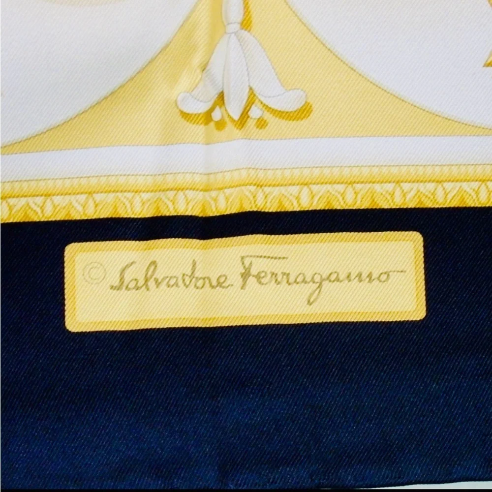 Salvatore Ferragamo Vintage Silk Scarf Baroque Floral Black Gold Print with Box